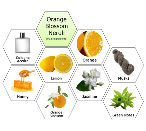 Foto de Neroli orange blossom essential oil in bottle. Fresh white